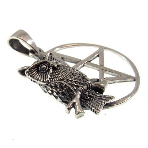 Solid 925 Sterling Silver Owl Pentacle Pagan Pentagram Pendant - Picture 3 of 5